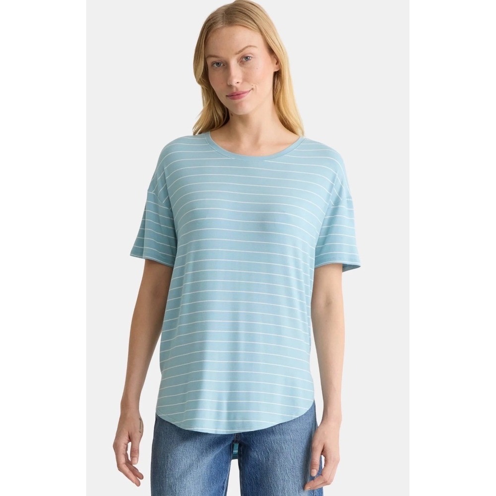 Time and Tru Women Caspian Blue Stripe Crewneck Tunic Tee Short Sleeve Large NWT